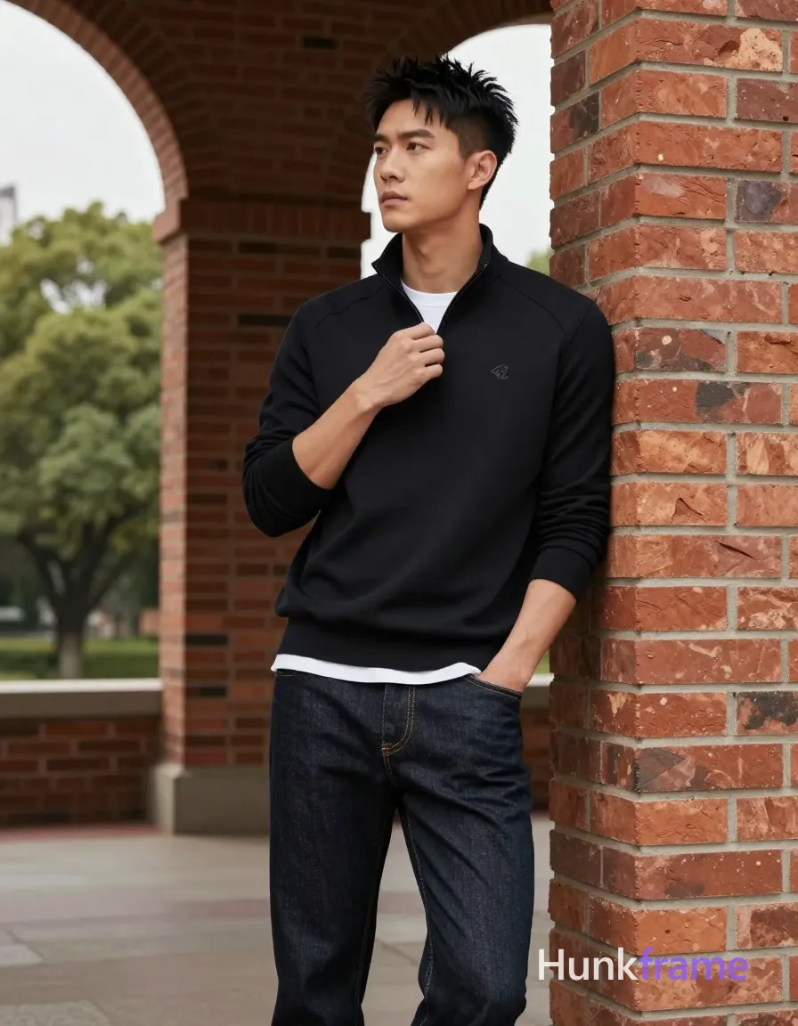 Asian man, light-medium skin, short textured black hair styled upward at the crown with tapered sides and slight flyaways, clean-shaven smooth chin; Standing upright leaning against a red brick pillar on his right side, left hand resting near hip pocket, right hand adjusting collar of black long-sleeve quarter-zip pullover with small embroidered logo on left chest; White crew-neck undershirt visible at neckline and hemline covering upper chest below neck but not the full torso; dark wash denim jeans with visible stitching along front seams from head to mid-thighs; Full-body shot vertical portrait orientation, center-left framed between brick pillar and open archway revealing green trees under overcast sky; Soft diffused daylight highlighting fabric texture and facial structure; Clean composition with strong architectural lines framing subject; Premium fashion-editorial aesthetic with contemplative mood, same aesthetic theme and photo feel as the reference but a different man in a different pose with distinct body proportions, Chinese man, light tan skin, high cheekbones, lean wiry martial-arts physique; single clean uninterrupted photograph with a cohesive editorial composition and plain continuous surrounding surfaces