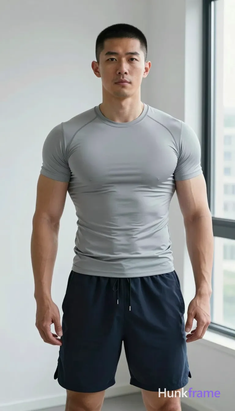 Asian man with short buzz cut and clean-shaven face, broad shoulders, defined pectorals, visible abdominal definition; Standing upright facing camera, arms slightly away from body, hands relaxed open; Wearing light gray fitted compression-style t-shirt covering chest completely, dark blue drawstring athletic shorts reaching mid-thigh; Indoor room with plain white wall background and window showing cityscape view on right side of frame; Soft natural light coming from window creating subtle shadows on left side of face and body; Clean composition, minimalist aesthetic, rugged warm confidence; single clean uninterrupted photograph with a cohesive editorial composition and plain continuous surrounding surfaces