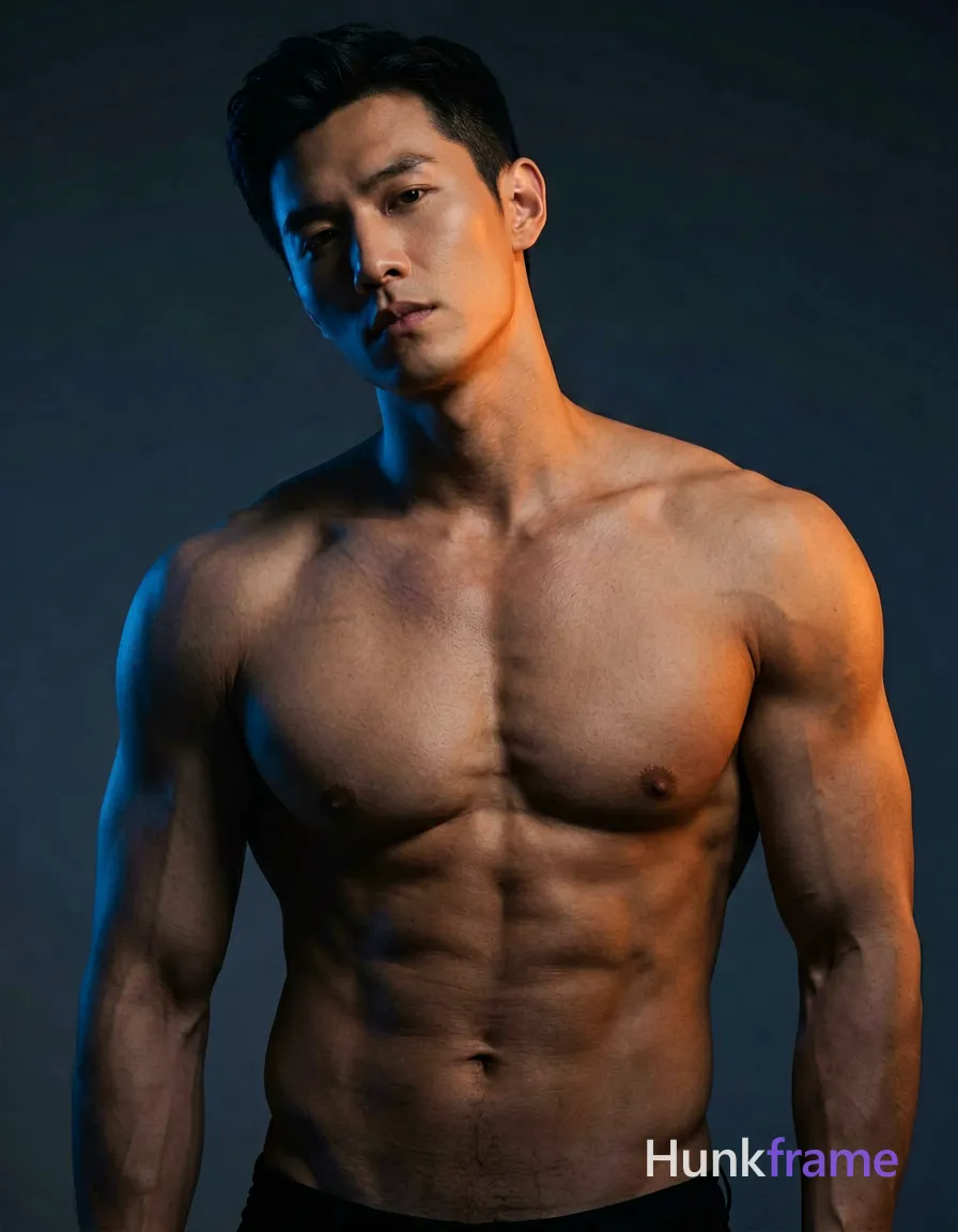 A handsome masculine male standing with his head slightly tilted to the side, shirtless and showcasing broad shoulders and defined abs. The torso-only crop is framed within an 819:1024 aspect ratio on a vertical portrait canvas of size 896x1088. Soft focus lighting creates dark blue shadows with orange highlights around his neck and shoulder area, giving the image a cinematic and artistic atmosphere in a studio setting