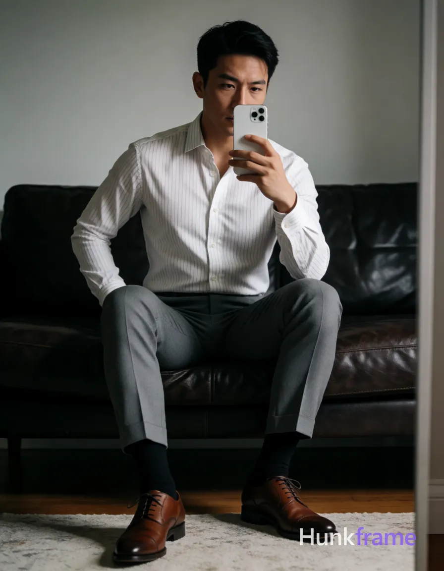 Asian man seated on dark leather sofa, legs spread knees bent taking mirror selfie with white smartphone at chest level; White long-sleeve button-up shirt subtle vertical stripes top two buttons undone revealing upper chest and collarbone artistic partial nude adult; Grey tailored trousers cuffed slightly above ankle black dress socks pulled up to mid-calf brown cap-toe oxford shoes visible on light-colored rug below; Broad shoulders defined pectorals toned arms short black buzz cut straight texture high forehead clean hairline clean-shaven neutral direct gaze at phone camera in mirror reflection left hand resting behind back near hip right arm raised holding smartphone; Indoor room featuring dark leather tufted sofa against light grey wall wooden floor partially covered by textured rug vertical mirror frame visible along right edge of image soft ambient indoor lighting creating gentle shadows on face and clothing folds white grey brown black palette polished confident stylish mood clean lines minimalist composition fine-art photography dramatic lighting sculpted poses premium fashion-editorial aesthetic handsome masculine subject tailored; single clean uninterrupted photograph with a cohesive editorial composition and plain continuous surrounding surfaces