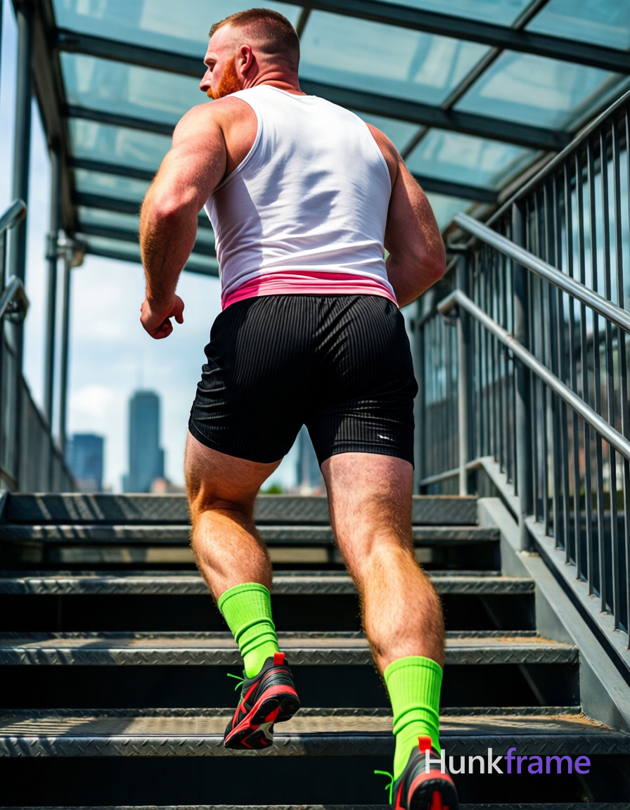 An adult man with short-cropped dark hair runs up metal stairs, viewed from behi