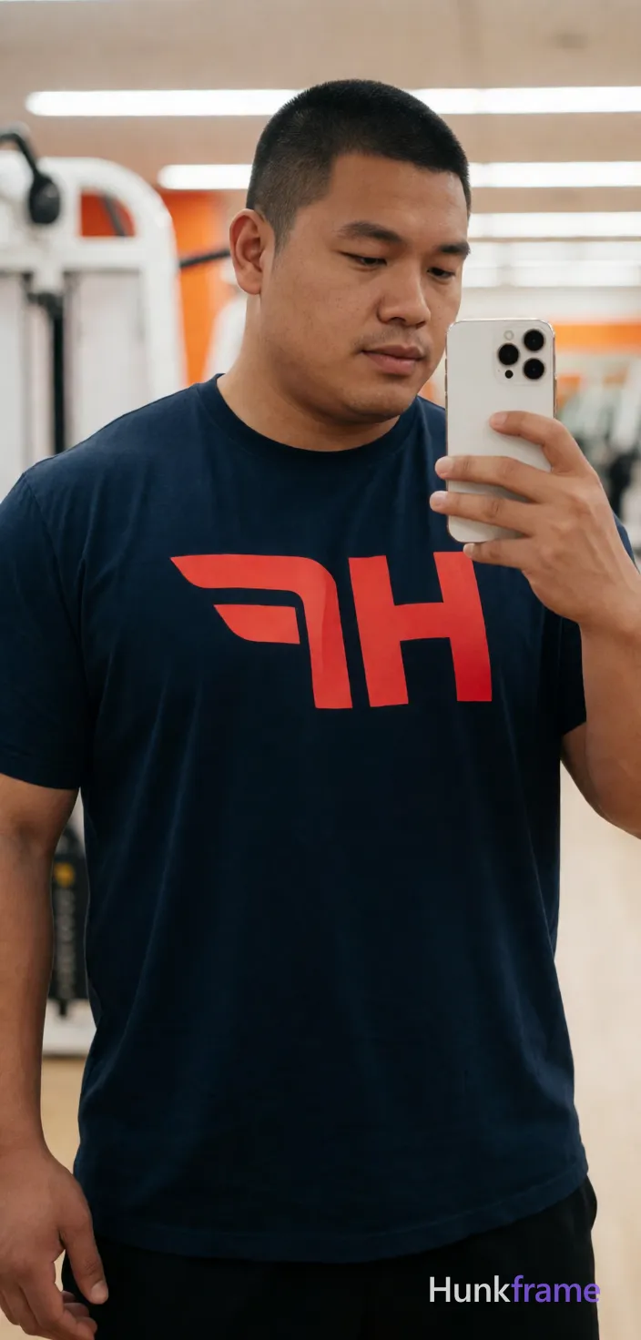 Very large heavy muscular stocky adult man with a broad thick torso, massive shoulders, thick neck, meaty chest and arms, powerful thighs, dense body hair, and heavyweight muscle-bear proportions; Asian man with medium-tan skin and short buzz cut, light stubble on jawline holding white smartphone in left hand for mirror selfie; Wearing dark navy blue an anonymous figure t-shirt with large red logo across chest; mirrored 'HF' text below it replaces all source branding exactly as HF wordmark would appear if present but none exists here so only garment details remain fully intact without extra logos; Standing upright facing slightly right of camera in gym mirror angle, torso relaxed engaged; Background shows blurred weight machines with white frames and orange accents under bright overhead artificial illumination creating soft shadows; Portrait vertical crop from chest to mid-thighs centered filling frame shoulders to thighs shallow depth of field blurring background naturalistic skin texture clean composition confident focused casual athleticism mood muscle-bear aesthetic broad shoulders defined pectorals thick stocky; single clean uninterrupted photograph with a cohesive editorial composition and plain continuous surrounding surfaces