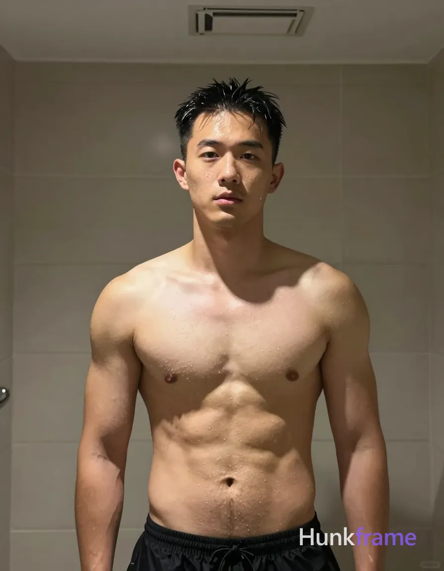 Asian man with light medium tan skin wet sheen, black short slicked back hair receding at temples, clean-shaven chin minimal upper lip stubble; Black swim trunks waistline dark tiled bathroom overhead fixture dramatic directional top-left lighting soft ambient fill shallow depth of field high contrast wet texture portrait vertical 13:19 candid iPhone rear-camera snapshot energy real lifestyle scene trendy influencer vibe; single clean uninterrupted photograph with a cohesive editorial composition and plain continuous surrounding surfaces