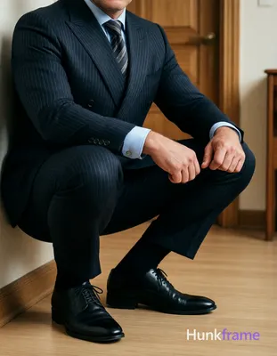A handsome adult man in a dark navy pinstripe double-breasted suit jacket with t