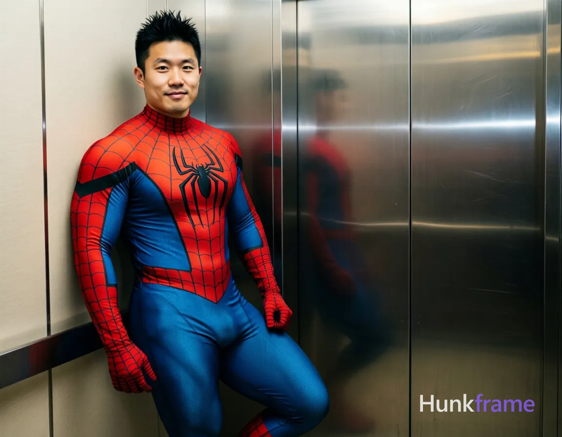 Asian man with light-medium skin and black short spiky hair, clean-shaven face with a neutral slight smile. Standing leaning against an elevator interior wall in full-body Spider-Man costume featuring red torso blue limbs and black spider emblem on chest with long-sleeved gloves matching suit pattern. Vertical portrait framing from mid-thigh up center-left foreground capturing thick thighs fit physique sculpted by even indoor lighting reflecting off metallic doors to right rendered as striking masculine man full-bleed vertical phone-wallpaper composition., a single uninterrupted photograph only, no written words or typography anywhere in frame, no captions, no app UI, no social-media post layout, no screenshot borders