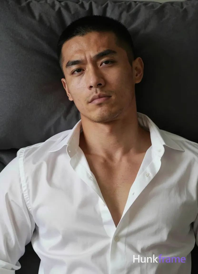 an anonymous figure man with light to medium tan skin texture and pores, short black buzz cut, light stubble on chin; Lying supine on back in a dark bedroom setting, head tilted slightly left against pillow shoulders relaxed; Wearing white satin button-down shirt with wide collar and deep V-neck exposing upper chest only; Soft directional lighting from front-left creates subtle shadows on right side of face; High-resolution skin detail, minimalist composition tight framing on expressive grimacing face and torso; Muscle bear photography style; single clean uninterrupted photograph with a cohesive editorial composition and plain continuous surrounding surfaces
