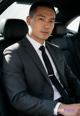 Asian man with buzz cut and light stubble sits in luxury vehicle backseat, torso