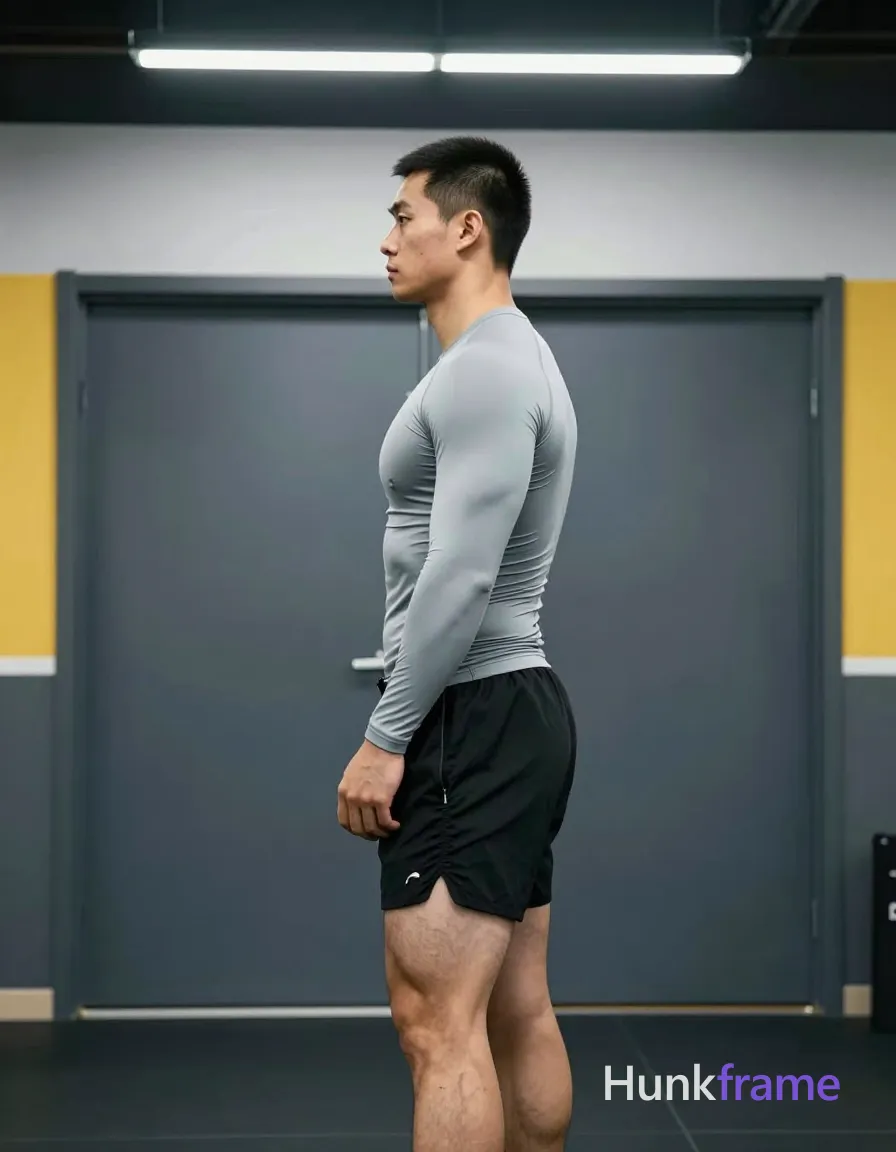 an anonymous figure man with short black buzz cut and clean-shaven face, standing in profile facing left; He wears a light grey long-sleeve compression shirt covering the torso and black athletic shorts on thick thighs; Right arm bent with hand near waistband of shorts, left leg slightly forward; Vertical portrait orientation 832x1216 canvas full body shot from knees up center-left; Indoor gym setting with double door background; Overhead fluorescent strip lights casting cool directional shadows; Bold flat-color poster wall-art graphic design high-contrast color blocking clean vector line no text; single clean uninterrupted photograph with a cohesive editorial composition and plain continuous surrounding surfaces