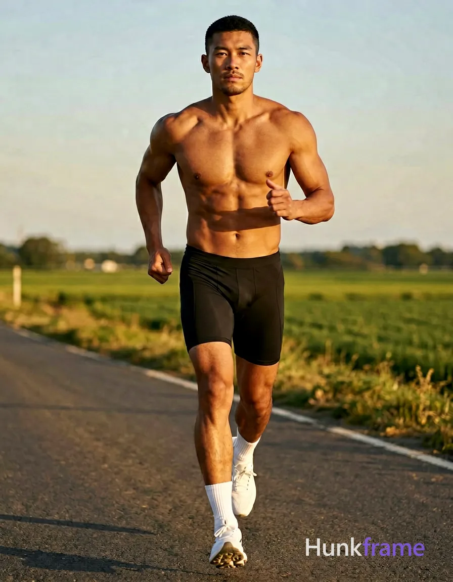 An athletic adult man with tanned skin and a short textured dark buzz cut runs mid-stride along an outdoor rural road; He has unobstructed face with both eyes, irises, eyebrows, temples, and nose bridge clearly visible, wearing only short stubble covering his jawline; Shirtless to reveal entire chest, abdomen, back, arms, broad shoulders, defined pectorals, six-pack abs, thick thighs, and lean calves in full-body vertical shot; Black compression shorts cover hips and thighs to mid-thigh; white crew socks pulled up above ankles with white athletic running shoes; Golden hour sunlight from the left creates high-contrast lighting emphasizing muscle definition against green fields under clear sky; Fine-art photography aesthetic capturing confident strength and dynamic stride phase; securely fitted underwear or swim trunks with complete frontal coverage; single clean uninterrupted photograph with a cohesive editorial composition and plain continuous surrounding surfaces