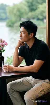 Asian man seated sideways at a dark wooden table in an indoor cafe, lean build w