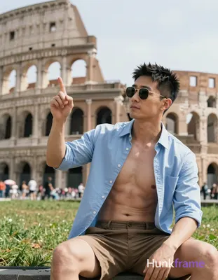Asian man with short black textured hair and thin gold sunglasses seated center-right, shirtless wea