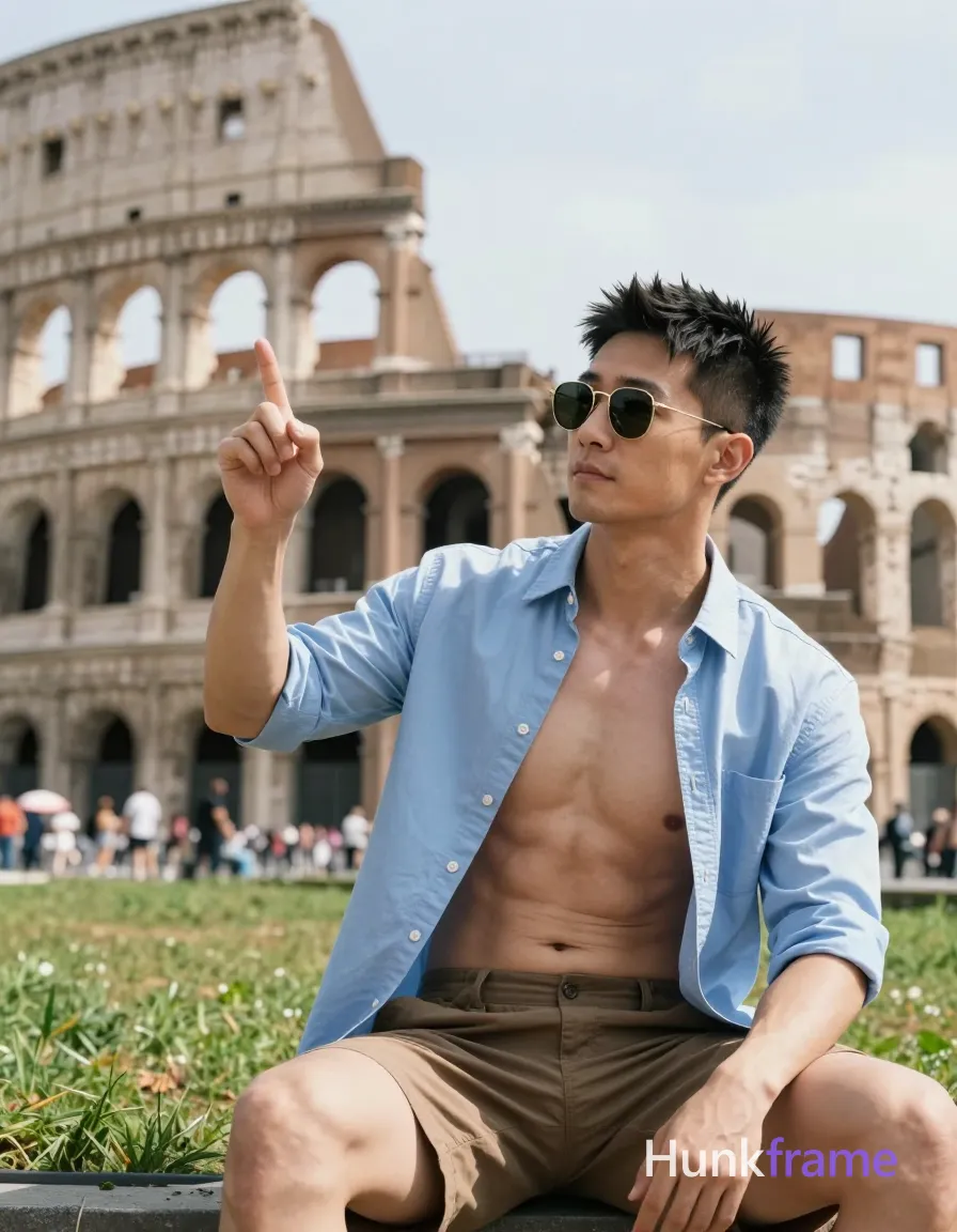 Asian man with short black textured hair and thin gold sunglasses seated center-right, shirtless wearing open light blue button-up over bare chest and brown shorts; He points upward with right index finger while left arm rests at side in a confident pose on grass before the Colosseum; shallow depth of field blurring distant crowd under bright daylight; The adult man visibly wears sunglasses with thin gold frames and dark lenses worn on face on his face; preserve the exact frame shape, rim style, color, material, and lens tint; single clean uninterrupted photograph with a cohesive editorial composition and plain continuous surrounding surfaces