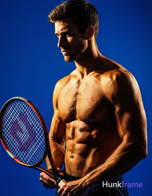 A handsome muscular man stands in three-quarter profile facing left, shirtless w