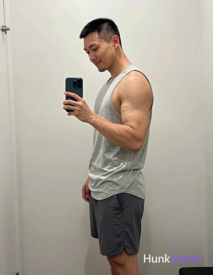 Asian man with short black buzz cut and light stubble smiles while taking a mirror selfie, standing sideways in left profile; He wears a loose light gray sleeveless athletic tank top revealing broad shoulders, defined biceps, triceps, and abdominal definition over dark gray mid-thigh shorts; Holding a dark blue smartphone vertically at chest level with his right hand, head tilted down toward the screen reflection; Vertical full-body shot from mid-thigh up occupying two-thirds of frame; left third shows white door with silver handle; Soft ambient indoor lighting on off-white walls creates clean minimalist composition and naturalistic color grading; single clean uninterrupted photograph with a cohesive editorial composition and plain continuous surrounding surfaces