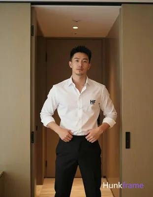 Asian man with short spiky black hair, light-medium skin, clean-shaven chin and upper lip with light