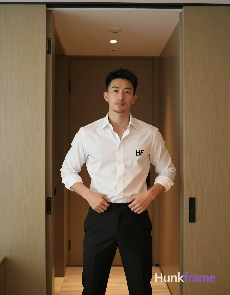 Asian man with short spiky black hair, light-medium skin, clean-shaven chin and upper lip with light jawline stubble; Shirtless adult standing upright in a doorway frame between wooden sliding doors, torso angled slightly leftward; Hands gripping waistband of black tailored trousers at hip level as if adjusting pants, fingers engaged on belt area; White long-sleeve button-up shirt sleeves rolled to forearm visible; Full-body shot from head to mid-thighs, vertical orientation 13:19 aspect ratio; Soft ambient indoor lighting with recessed ceiling spotlights casting even illumination; Minimalist decor high-end hospitality aesthetic in a luxury hotel room interior; Clean lines, composed mood, sophisticated atmosphere; FULL GARMENT TEXT REPLACEMENT: remove every source garment word, sentence, slogan, logo, and partial brand spelling from every existing print area, then replace those source marks with only the wordmark, spelled exactly "HF"; This is replacement, Repeated "HF" marks are allowed only where the source garment already had printed text; preserve appropriate placement, typography, color, and scale, logo, caption, username, hashtag; single clean uninterrupted photograph with a cohesive editorial composition and plain continuous surrounding surfaces