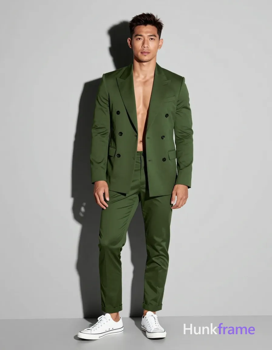 Korean adult man in bold flat-color poster wall art graphic design standing shirtless with an olive green double-breasted blazer worn open revealing bare chest and abdomen, matching slim-fit trousers ending above ankles, white low-top sneakers with black toe caps; Short dark brown hair textured top tapered sides clean neckline minor stubble chin jawline neutral serious gaze relaxed mouth corners slight weight shift to left leg right arm hanging loosely by side full body shot from head to toe including feet centered vertically horizontally against plain light gray background casting dramatic shadow behind subject on left side high-contrast studio photography clean lines geometric composition emphasis on silhouette and form through shadow play, same aesthetic theme and photo feel as the reference but a different man in a different pose with distinct body proportions, Filipino man, golden brown skin, warm smile lines, compact muscular build; single clean uninterrupted photograph with a cohesive editorial composition and plain continuous surrounding surfaces