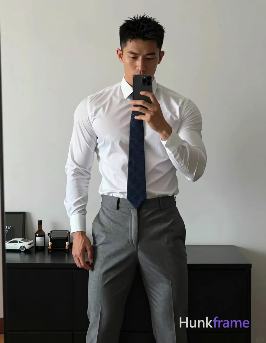 an anonymous figure man with light to medium tan skin and short spiky black hair stands in front of a mirror, fully clothed; He wears a white long-sleeve button-up shirt tucked into waistband, dark blue patterned tie knotted at collar hanging straight down center of chest, gray tailored trousers with front pleats and belt loops; Broad shoulders defined pectorals tight waistline visible under fabric; Standing legs slightly apart showing full-length trousers holding black smartphone vertically with right hand thumb near screen edge capturing mirror reflection left arm relaxed by side neutral focused gaze at phone screen indoor room plain white wall background dark console table behind subject displaying small figurines car model bottle wallet on glossy surface soft directional light from left side creating subtle shadows on right shoulder and torso even ambient fill lighting minimizing harsh contrasts clean lines sharp focus on subject mirror reflection framing technique confident polished minimalist aesthetic athletic strength defined anatomy dramatic directional light 13:19 aspect ratio vertical portrait orientation; single clean uninterrupted photograph with a cohesive editorial composition and plain continuous surrounding surfaces