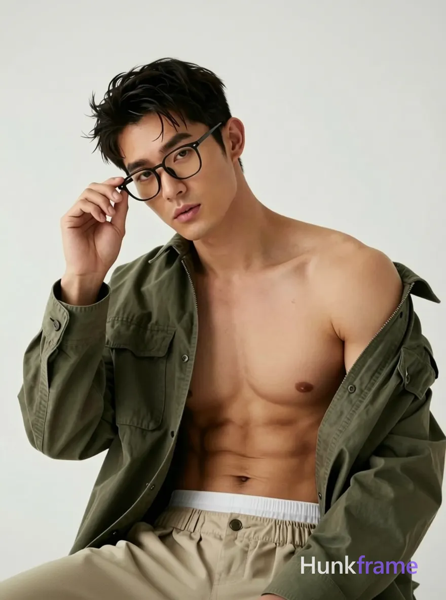 A stylish and artistic portrait of a handsome man with glasses, seated and holding them near his face with one hand, head slightly tilted. He has a bare chest and broad shoulders, wearing a white undershirt visible under a green jacket. The background is minimalistic and neutral, with soft lighting that highlights the muted palette of greens, whites, and skin tones. The image is cropped to torso-only, capturing his defined abs and structured appearance in a photorealistic fashion
