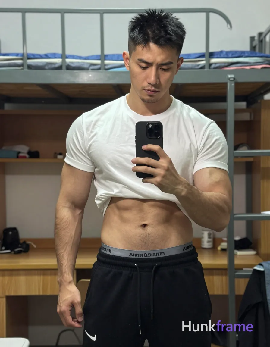 an anonymous figure man with light to medium tan skin, short textured black hair styled upward at the crown, tapered sides and back; Light stubble along jawline and upper lip; clean-shaven chin area; Neutral expression focused downward on phone screen; Standing upright facing slightly right in a dorm room interior with metal-framed bunk bed behind subject, wooden desk visible; White crew-neck short-sleeve t-shirt with slight wrinkling at hem, black drawstring sweatpants with white Nike swoosh on left thigh and waistband, gray Aum&Stein branded underwear waistband visible above pants; Broad shoulders, defined biceps and triceps, flat abdomen with visible waistband of underwear; Left arm bent holding black smartphone in front of chest to take mirror selfie; right arm relaxed by side, hand open; Full-body shot in mirror reflection from mid-thighs up to head centered in frame; Soft ambient indoor lighting reflecting off glass surface, clean lines and minimal distractions; Muscle bear aesthetic with rugged warm confidence and dense body hair on left forearm visible under shirt; Vertical; single clean uninterrupted photograph with a cohesive editorial composition and plain continuous surrounding surfaces