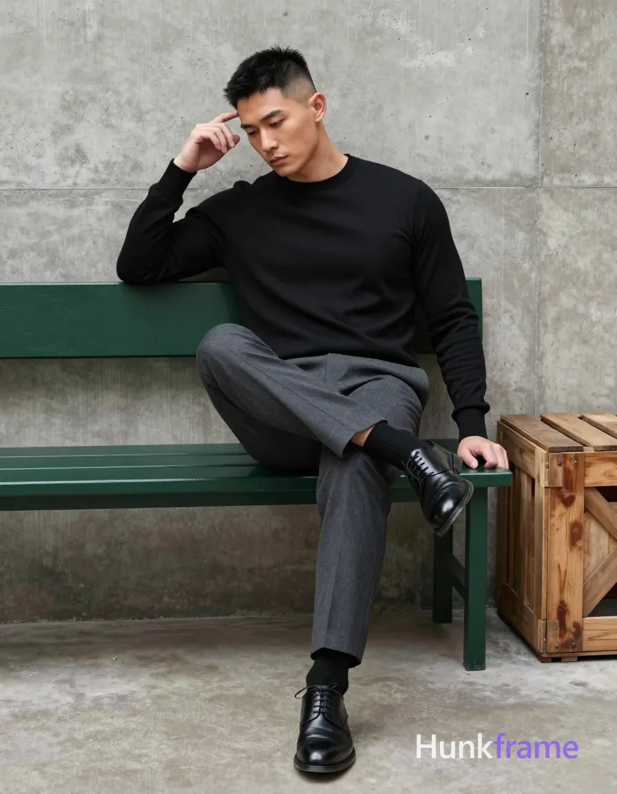 Asian man in muscle bear photography, seated full-body shot against textured concrete wall with green bench and wooden crate; He wears a black long-sleeve crewneck sweater fully covering torso, dark gray tailored trousers, black socks pulled to mid-calf, and black leather cap-toe dress shoes; Short black hair with faded undercut sides, clean-shaven head and face; Pose: right leg crossed over left knee, left arm draped along chair back, right hand touching hair near temple, neutral expression with slight downward gaze; Natural daylight from above-left casting soft shadows under chin, even ambient illumination in shaded outdoor alleyway; Clean lines, editorial composition, fashion-forward styling, monochromatic wardrobe and muted earth tones; single clean uninterrupted photograph with a cohesive editorial composition and plain continuous surrounding surfaces