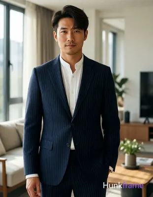 Asian man with fair to light tan warm skin, short dark brown hair side-parted sw