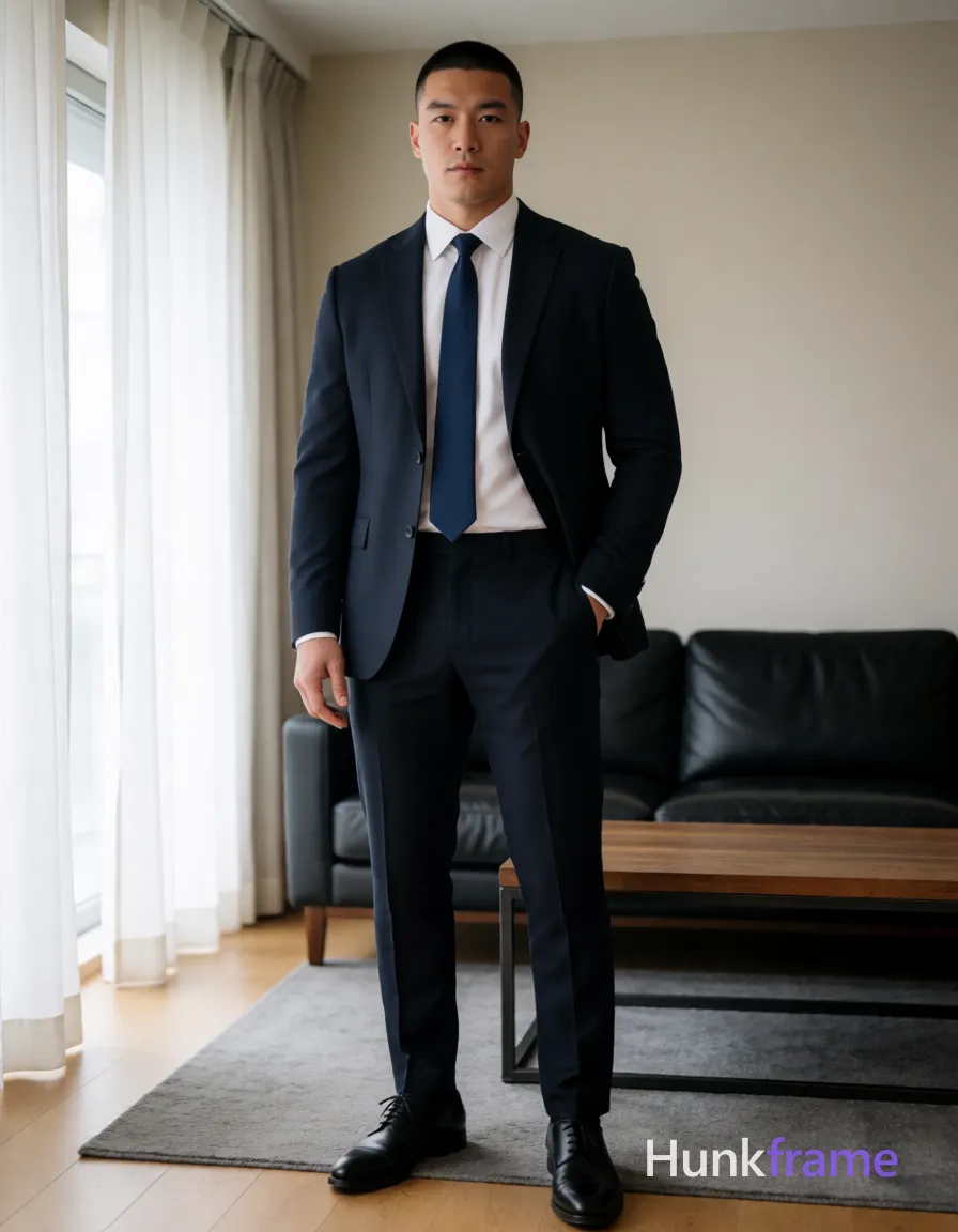 Heavily muscular adult man with substantial muscle mass, wide shoulders, thick neck, large chest and arms, powerful thighs, and dense bodybuilding proportions; an anonymous figure man with short black buzz cut and clean-shaven face, neutral gaze directed forward at camera; Standing upright facing the camera directly, left hand in pants pocket, right arm relaxed by side; Wearing dark navy tailored suit jacket with notched lapels worn open over a white dress shirt, matching dark navy slim-fit trousers tucked into black leather-soled oxford shoes, solid navy blue necktie knotted neatly at collar; Fully clothed adult with heavily muscular build and defined shoulders and waistline; Modern living room interior featuring a black leather sofa, wooden coffee table with metal frame, sheer white curtains covering large windows, beige walls, light wood flooring, gray rug underfoot; Soft natural daylight from left-side window creating gentle shadows across face and suit fabric; High contrast between dark suit and bright window light; Clean composition with centered subject against neutral background; Full body vertical; single clean uninterrupted photograph with a cohesive editorial composition and plain continuous surrounding surfaces