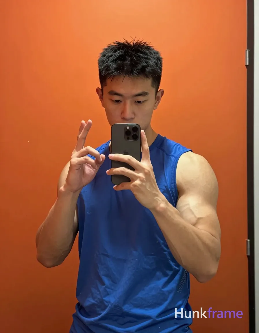 Asian man with short black hair, slightly tousled texture and clean-shaven face stands facing a mirror in vertical portrait orientation; He wears a blue sleeveless athletic shirt covering his torso and shoulders, revealing very muscular build with defined biceps and triceps under soft frontal lighting that emphasizes muscle definition; His right hand holds a smartphone at chest level to take a mirror selfie while the phone obscures his lower face; his left hand makes an open-fingered gesture near cheek against a solid orange wall background; Composition is head-to-waist, center-left occupying most of frame with right side partially cut off by mirror edge in fine-art photography style; single clean uninterrupted photograph with a cohesive editorial composition and plain continuous surrounding surfaces