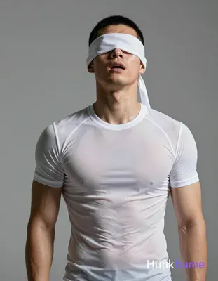 Asian athlete with short black buzz cut and light stubble stands upright against