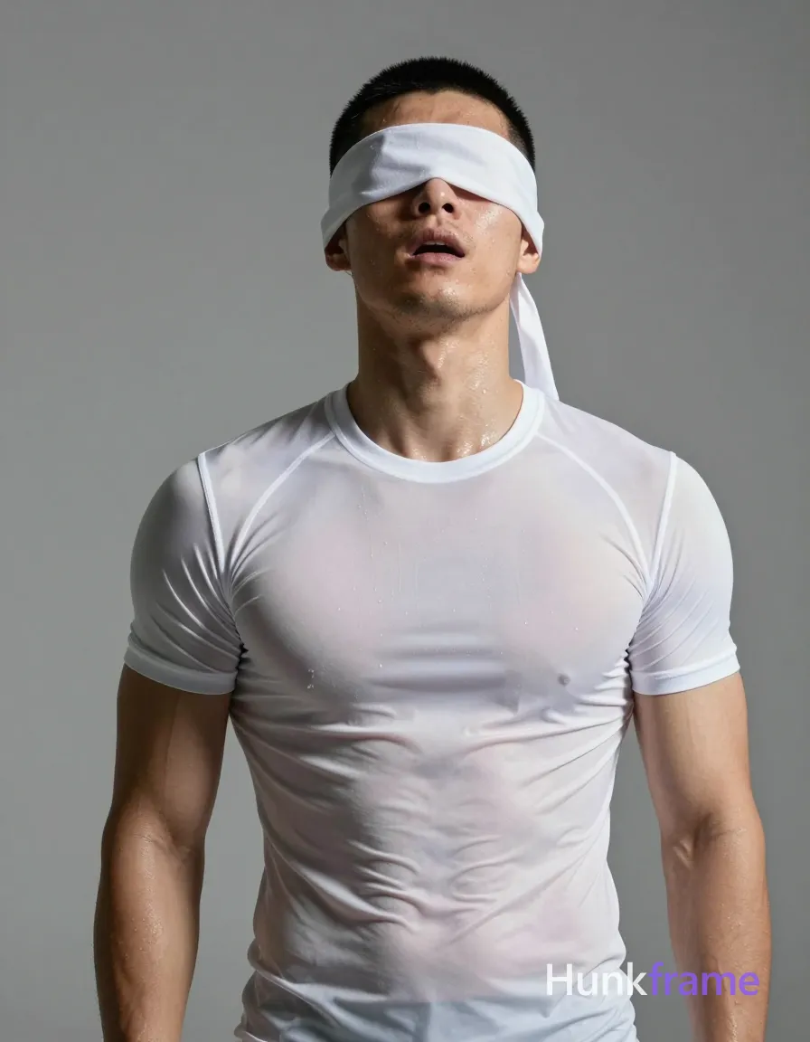 Asian athlete with short black buzz cut and light stubble stands upright against a plain gray wall, wearing a white translucent an anonymous figure compression shirt clinging to broad shoulders and defined pectorals; He tilts his head back slightly upward, mouth open in an intense expression, while a white fabric blindfold covers his eyes; Dramatic directional lighting from the front-left creates high-contrast highlights on sweat-slicked skin and wet fabric texture; Vertical portrait crop focuses sharply on torso musculature with minimal shadows behind him; single clean uninterrupted photograph with a cohesive editorial composition and plain continuous surrounding surfaces