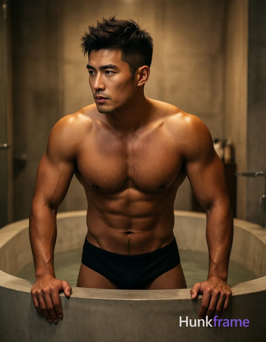 Flat-color graphic poster of exactly 1 adult man. Man 1: Asian, tanned, square jawline with defined cheekbones, short, dark brown/black hair, textured top with faded sides (undercut), slightly spiky on crown, clean-shaven. Man 1 has fully exposed eyes, eyebrows, temples and nose bridge. Broad shoulders, defined pectorals on an Asian man standing inside a freestanding bathtub. Torso upright relaxed with both hands resting firmly on the rim of the tub edge. Shirtless adult wearing black swim briefs visible at waistline against bare chest skin. Vertical portrait crop centered horizontally showing upper body above tub rim in mid frame. Indoor bathroom scene with large concrete bathtub, warm ambient lighting casting soft shadows. Dramatic directional highlights emphasize sculpted musculature on tanned skin under artificial light. Fine-art photography aesthetic featuring high-contrast color blocking for bold wall art graphic design
