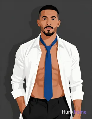 Bold flat-color poster design of an Asian man with medium-tan skin and short black buzz cut, goatee 