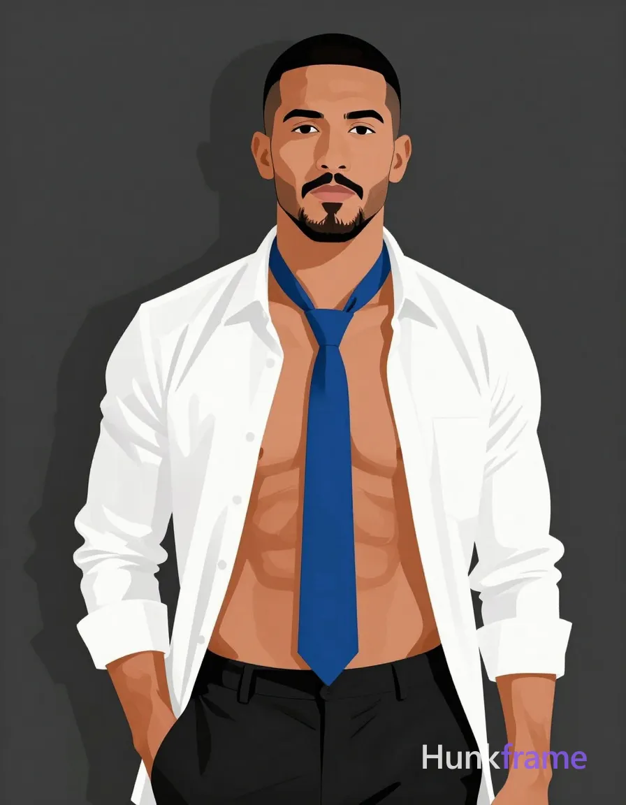 Bold flat-color poster design of an Asian man with medium-tan skin and short black buzz cut, goatee and mustache standing facing forward in a studio. He wears an unbuttoned white button-down dress shirt exposing bare chest with nipples visible and abdomen from sternum to waistline, blue striped necktie loosely draped around neck hanging down front, black trousers waistband visible. Left hand in pocket implied by sleeve position, right arm relaxed at side. Mid-thigh-up portrait centered against plain dark gray backdrop. High-contrast color blocking emphasizes white shirt blue tie medium-tan skin. Clean vector line aesthetic no text. Shallow depth of field isolates subject. Confident masculine editorial mood with sultry atmosphere., same aesthetic theme and photo feel as the reference but a different man in a different pose with distinct body proportions, Middle Eastern man, tan skin, dark beard shadow, muscular but natural proportions, a single uninterrupted photograph only, no written words or typography anywhere in frame, no captions, no app UI, no social-media post layout, no screenshot borders