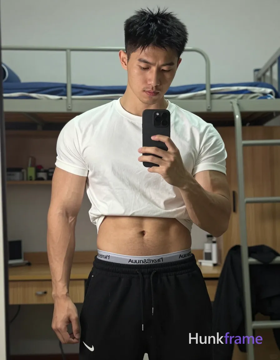 an anonymous figure man with light to medium tan skin, short textured black hair styled upward at the crown, tapered sides and back; Light stubble along jawline and upper lip; clean-shaven chin area; Neutral expression focused downward on phone screen; Standing upright facing slightly right in a dorm room interior with metal-framed bunk bed behind subject, wooden desk visible; White crew-neck short-sleeve t-shirt with slight wrinkling at hem, black drawstring sweatpants with white Nike swoosh on left thigh and waistband, gray Aum&Stein branded underwear waistband visible above pants; Broad shoulders, defined biceps and triceps, flat abdomen with visible waistband of underwear; Left arm bent holding black smartphone in front of chest to take mirror selfie; right arm relaxed by side, hand open; Full-body shot in mirror reflection from mid-thighs up to head centered in frame; Soft ambient indoor lighting reflecting off glass surface, clean lines and minimal distractions; Candid iPhone selfie energy with trendy social-feed look capturing everyday masculine aesthetic without stylization or dramatic effects; Vertical; single clean uninterrupted photograph with a cohesive editorial composition and plain continuous surrounding surfaces