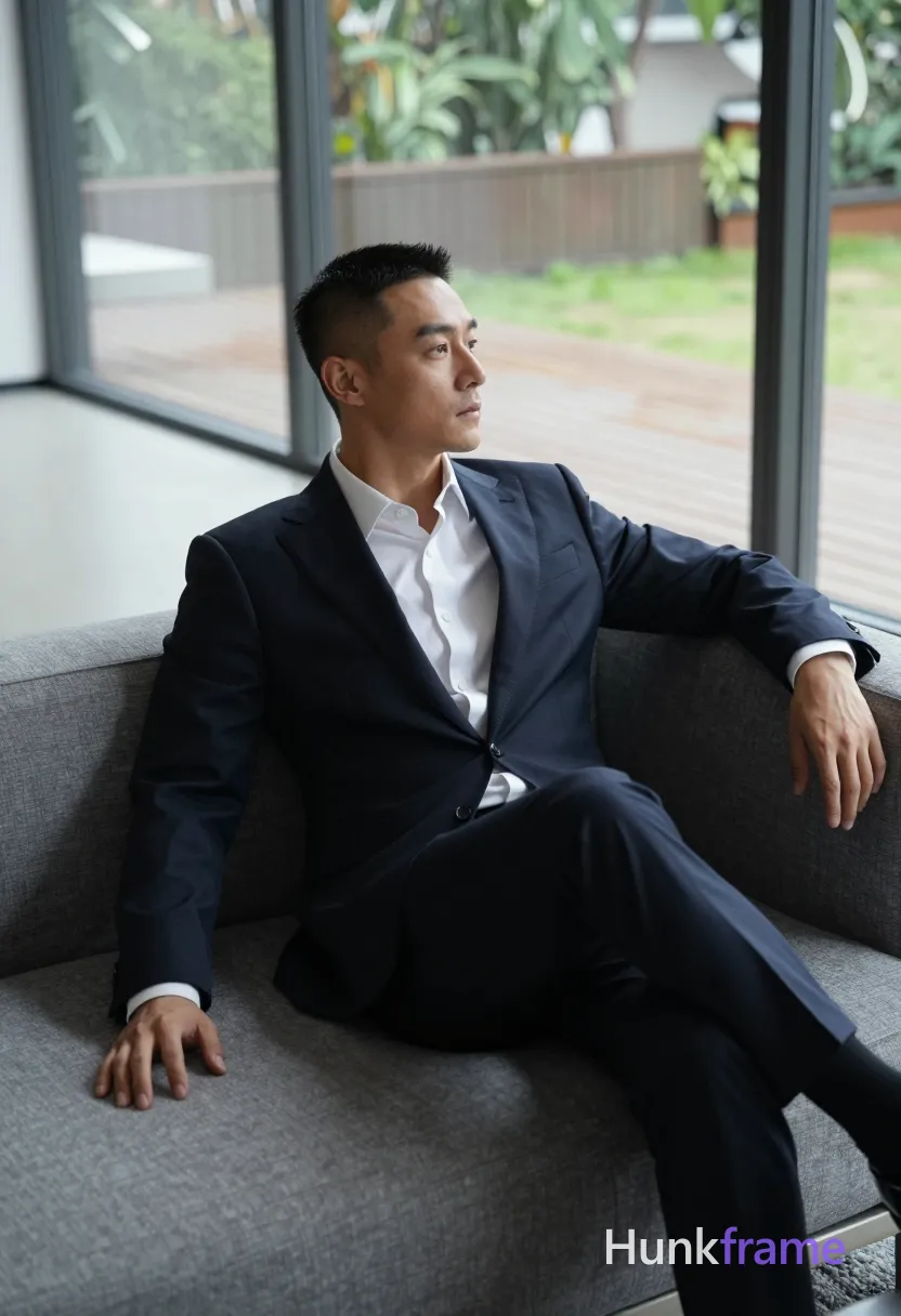 Photograph of exactly 1 adult man. Man 1: East Asian, light to medium, oval with defined jawline, short black hair, straight texture, neat side parting, clean-shaven head and neck, clean-shaven. Man 1 has fully exposed eyes, eyebrows, temples and nose bridge. East Asian man with slim athletic build, broad shoulders reclining on grey sofa. Man leans back in contemplative pose while gazing off-camera to the right side. Dark navy tailored suit jacket over white dress shirt collar paired with black oxford shoes. Vertical portrait crop from mid-thigh up showing full body seated center-right on modern sectional. Modern interior space featuring floor-to-ceiling windows overlooking wooden deck, greenery outside. Natural daylight streams through glass panels creating soft highlights on face and suit fabric. Fine-art fashion editorial aesthetic with clean composition emphasizing silhouette and muted navy palette