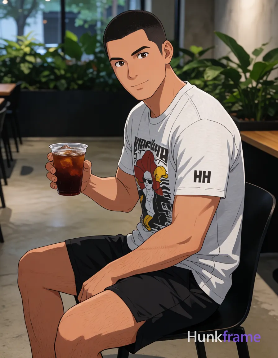 an anonymous figure adult man with light medium tan skin and short black buzz cut seated sideways on a black chair, holding clear plastic cup with dark iced beverage in right hand; Wearing light gray graphic t-shirt with HH logo sleeve and black athletic shorts ending mid-thigh; Broad shoulders defined pectorals thick thighs toned calves visible; Modern café interior concrete flooring greenery background soft ambient lighting clean composition sharp focus vertical portrait orientation full-body seated shot waist-up to knees feet centered at bottom edge natural skin texture confident relaxed mood polished anime 2.5D next-gen game art expressive face athletic anatomy high-quality character rendering; single clean uninterrupted artwork with a cohesive composition and plain continuous surrounding surfaces