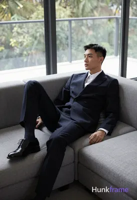 an anonymous figure man with short black straight hair and neat side parting, cl