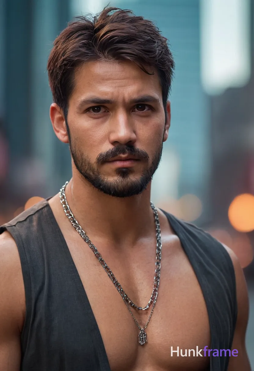 digital painting of a handsome masculine man with short dark messy hair, beard and mustache, serious expression, shirtless body showing thick muscular thighs and broad shoulders. The lighting is moody and dark with cyberpunk aesthetics, using muted colors dominated by dark grays and blacks, with red accents in the eyes. He wears a high-collared shirt or vest with intricate details and a chain necklace. Confident pose against a blurred futuristic cityscape background highlights his authoritative presence. Focus on the sharply detailed yet painterly finish face., alternate angle, distinctive character face, cohesive color grading, Thai man, smooth tan skin, gentle eyes, slim toned Muay Thai physique