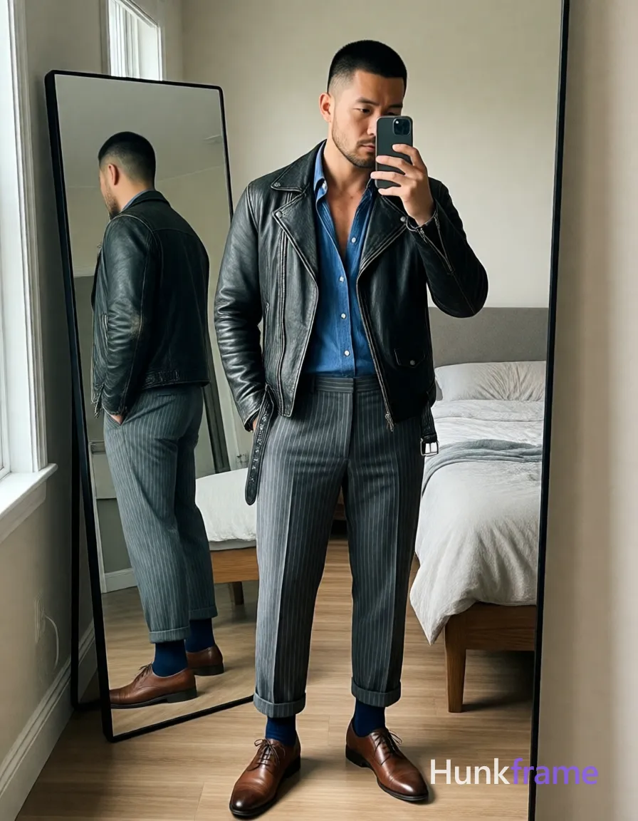 Asian man with short black buzz cut and light stubble stands casually in a modern apartment bedroom, facing a large wall mirror; He wears a worn-open black leather jacket revealing neck and collarbone, blue button-down shirt underneath, grey pinstripe trousers cuffed at ankles, dark blue crew socks to mid-calf, brown polished oxford shoes; Holding smartphone with right hand up to face capturing mirror selfie; phone partially obscures eye region; Right subject occupies foreground right half of frame; left side shows full-length mirror reflection from side angle aligned vertically; Natural window light illuminates beige walls and wooden floorboards; Xiaohongshu lifestyle photography, candid iPhone selfie energy, real scene vertical social-feed look; single clean uninterrupted photograph with a cohesive editorial composition and plain continuous surrounding surfaces
