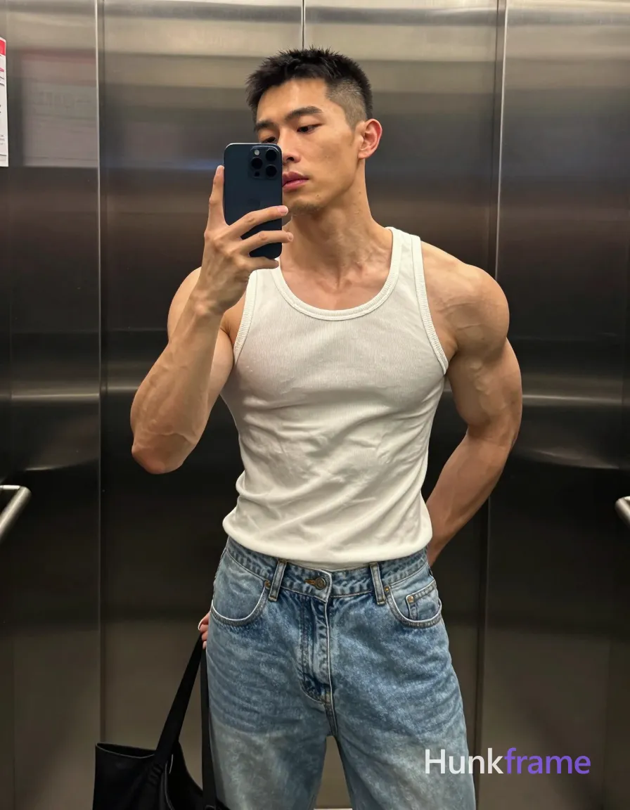 Asian man with short black buzz cut and slight upper lip stubble, highly muscular build with prominent arm vascularity; Standing upright facing slightly left in an elevator mirror reflection, right hand holding dark blue smartphone against cheek for selfie, left hand gripping black tote bag handle at hip level; Wearing white ribbed muscle tank top exposing bare shoulders and deltoids, light-wash denim jeans with button fly; Vertical full-body crop from head to mid-thighs; Soft ambient indoor lighting highlights skin texture on brushed stainless steel walls; Naturalistic smartphone color grading, confident homoerotic aesthetic, same aesthetic theme and photo feel as the reference but a different man in a different pose with distinct body proportions, lean Korean man, sharp jaw, monolid eyes, slim swimmer build, natural black hair; single clean uninterrupted photograph with a cohesive editorial composition and plain continuous surrounding surfaces