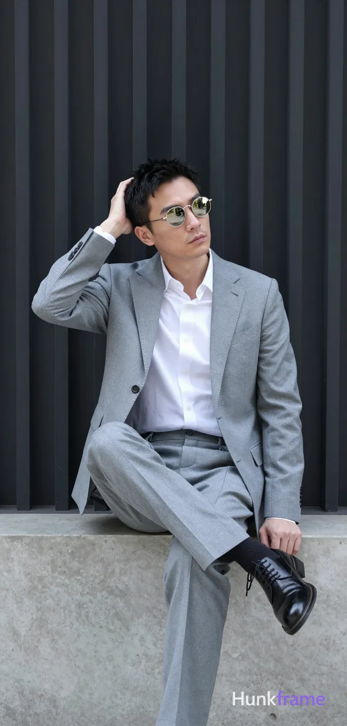 Asian man in a light gray suit jacket, notched lapel, single-button closure with matching trousers and white dress shirt. He wears thin metal frame round sunglasses reflecting surroundings on his face. Fully clothed adult slim build seated on low concrete ledge against dark vertical slatted wall. Right leg bent foot flat left extended heel raised torso angled toward camera face turned side right hand touching back of head near hairline neutral expression slight tilt natural daylight clean lines minimalist composition high-fashion editorial aesthetic full-body shot portrait 13:19 The adult man visibly wears sunglasses worn on face; thin metal frame, round shape, light-colored lenses reflecting surroundings on his face; preserve the exact frame shape, rim style, color, material, and lens tint., a single uninterrupted photograph only, no written words or typography anywhere in frame, no captions, no app UI, no social-media post layout, no screenshot borders