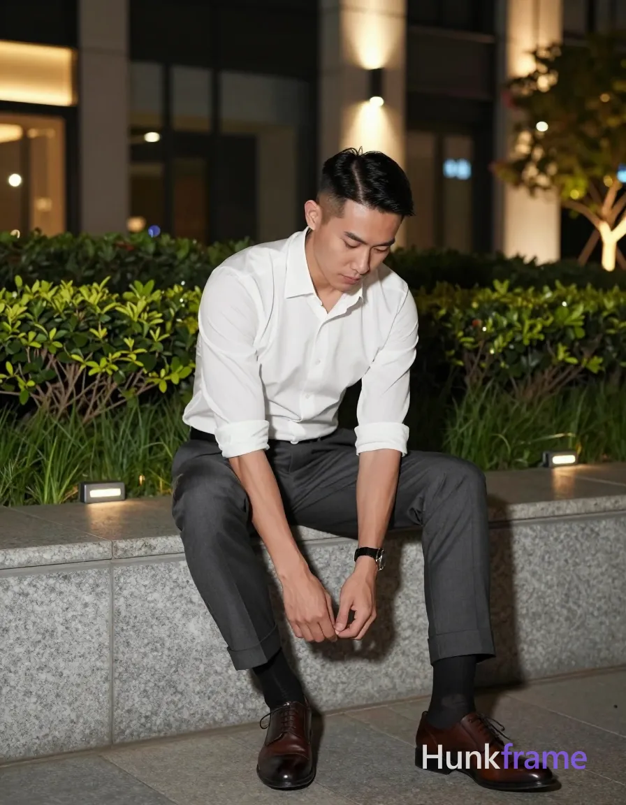Asian man with short dark straight side-parted hair and clean-shaven face, slim build seated on stone ledge outdoors at night; He wears a white long-sleeved button-up shirt sleeves rolled to forearm and dark grey tailored trousers cuffed at ankle over black socks and brown leather shoes; Fully clothed adult adjusting left sock/shoe with both hands while leaning forward, waistband mid-thigh on left side; Downward gaze focused on foot against illuminated modern building facade and manicured greenery; Fine-art photography aesthetic, dramatic artificial ambient lighting from ground fixtures, sophisticated polished mood, vertical portrait composition centered full-body shot; single clean uninterrupted photograph with a cohesive editorial composition and plain continuous surrounding surfaces