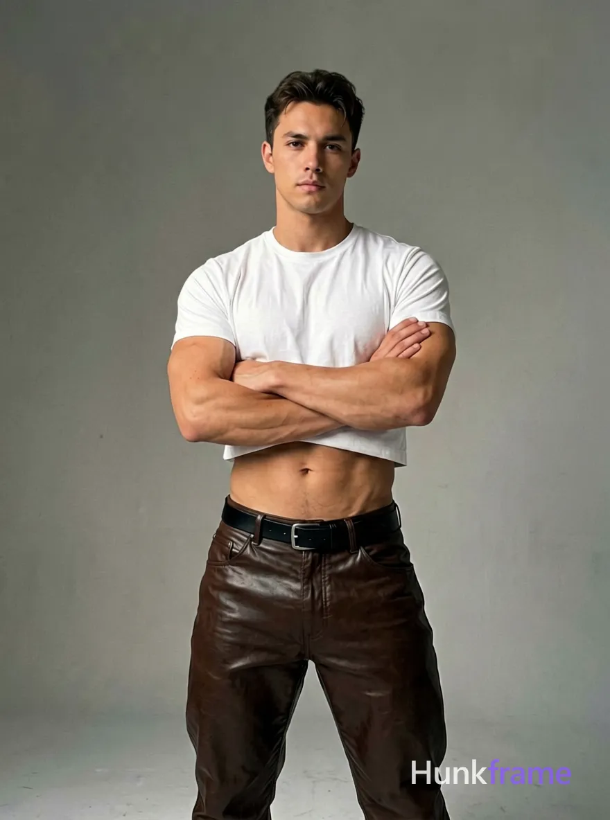 A handsome masculine male standing with his arms crossed over his chest, leaning slightly forward. The subject has a bare chest and defined abs, emphasizing thick muscular thighs. He wears dark brown leather pants secured by a black belt and a white cropped t-shirt that partially covers the midsection. The lighting is soft and even, highlighting his physique without harsh shadows or highlights. The background is minimalistic, focusing on the male form with neutral tones contrasting against the darker attire. The mood is artistic and homoerotic, fitting a masculine fine-art aesthetic typical of Hunkframe