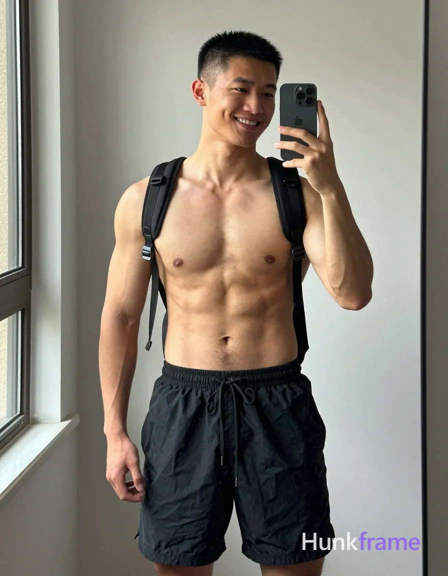 Asian man with light-medium tan skin and short black buzz cut stands facing a large mirror, smiling broadly while holding a dark triple-lens smartphone to capture the reflection; He is shirtless revealing defined pectorals, visible six-pack abs, toned arms, minimal chest hair, wearing mid-thigh length black drawstring athletic shorts with black backpack straps over bare shoulders; Indoor room setting with natural daylight streaming from left-side window illuminating neutral-toned walls and mirror frame; Slightly tilted camera angle captures full torso from waist up to head in vertical portrait orientation 13:19 aspect ratio, warm lighting enhancing rugged confidence for muscle bear aesthetic, shot on iPhone 15 Pro main camera, authentic smartphone computational photography, natural Smart HDR and true-to-life skin texture, vertical 9:16 Xiaohongshu lifestyle feed, bright clean everyday scene, unretouched phone photo with subtle sensor grain, trendy Chinese internet 网红 aesthetic, candid influencer energy, phone held naturally in one hand for selfie, phone visible in frame; single clean uninterrupted photograph with a cohesive editorial composition and plain continuous surrounding surfaces