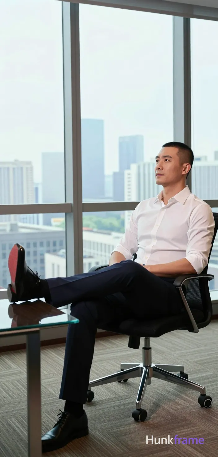 same clearly adult male subject; preserve the exact visible face, hairstyle, skin tone, apparent adult age, body proportions, and distinctive marks from the reference; do not add people, photo reference, portrait orientation, vertical portrait. Adult man 1: seated in a black office chair with chrome base, leaning back slightly, hands clasped over lap. Right leg extended onto glass desk surface showing red shoe sole accent; left foot planted on brown patterned carpet.; white button-down shirt sleeves rolled to elbows, dark navy dress trousers; lean build, defined shoulders; center-right, seated in foreground with large window behind. Interaction: seated on black office chair with chrome base and wheels; right foot resting on glass desk surface showing red shoe sole accent; left foot planted on brown patterned carpet. Setting: office interior with floor-to-ceiling windows overlooking city skyline. Lighting: high contrast window light from large windows, soft interior ambient glow. Palette: white shirt, dark navy trousers, black chair and shoes, red shoe sole accent, neutral beige carpet. Mood: professional, contemplative, premium fashion-editorial. Image character: clean composition, vertical portrait framing, cityscape background through large windows. No phone is visible., an anonymous figure man in his 30s with light to medium skin and a short black buzz cut, clean-shaven face gazing upward left. Seated in a black office chair with chrome base, leaning back slightly, hands clasped over lap. Right leg extended onto glass desk surface showing red shoe sole accent; left foot planted on brown patterned carpet. Wearing white button-down shirt sleeves rolled to elbows and dark navy dress trousers. Fully clothed lean build with defined shoulders. High contrast window light from floor-to-ceiling windows overlooking city skyline, soft interior ambient glow. Premium fashion-editorial framing, clean composition, vertical portrait 13:19 aspect ratio., a single uninterrupted photograph only, no written words or typography anywhere in frame, no captions, no app UI, no social-media post layout, no screenshot borders, sitting on the edge of the same bench while lifting one arm; facing slightly right; quiet amused expression; medium shot, eye level, same clearly adult male subject; preserve the exact visible face, hairstyle, skin tone, apparent adult age, body proportions, and distinctive marks from the reference; do not add people, a single uninterrupted photograph only, no written words or typography anywhere in frame, no captions, no app UI, no social-media post layout, no screenshot borders