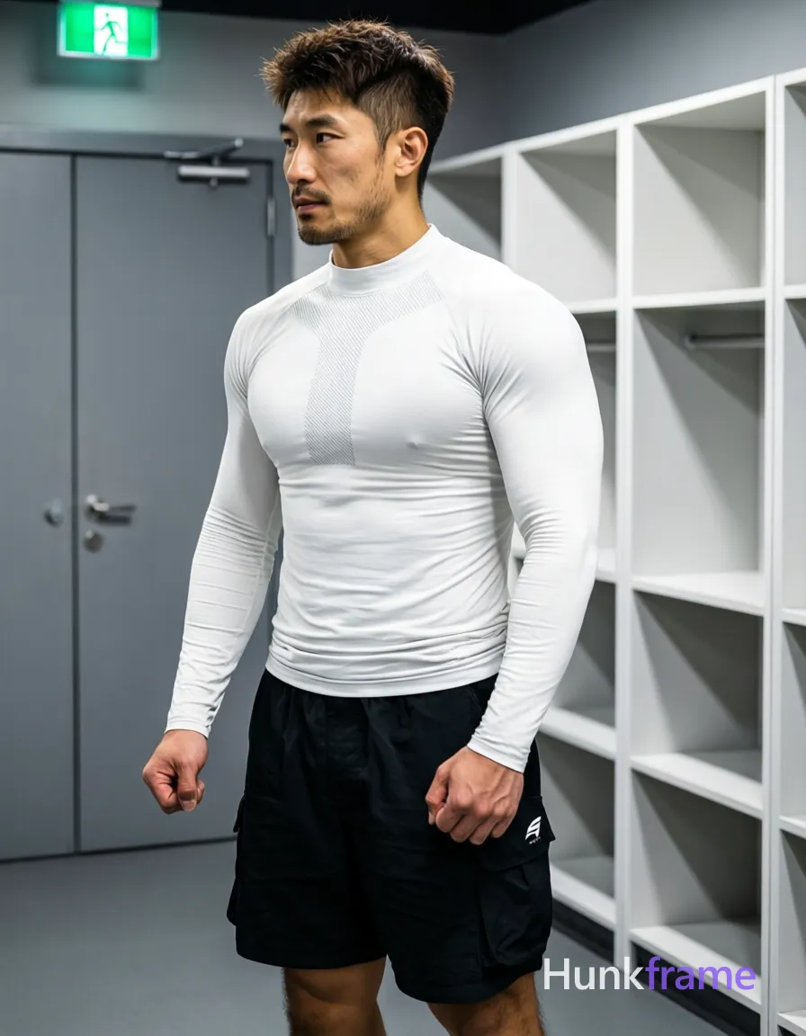 Asian man, light-medium skin, short textured dark brown hair tapered sides and back, clean-shaven with minor stubble shadow; Standing upright slight torso rotation right arms relaxed hands loosely clenched neutral focused gaze off-camera left; Wearing white long-sleeve compression-style athletic top mock neck subtle textured panel across chest black loose-fitting cargo shorts visible side pockets small white logo left thigh fully clothed adult broad shoulders defined pectorals abdominal musculature thick thighs partially visible beneath shorts indoor locker room gray walls white modular shelving unit right closed double door green exit sign above left soft directional key light front-right shallow depth of field blurring background shelves high contrast between white top and dark shorts enhances muscular definition premium fashion-editorial aesthetic handsome masculine man dramatic sculpted lighting minimalist gym setting, same aesthetic theme and photo feel as the reference but a different man in a different pose with distinct body proportions, Chinese man, light tan skin, high cheekbones, lean wiry martial-arts physique; single clean uninterrupted photograph with a cohesive editorial composition and plain continuous surrounding surfaces