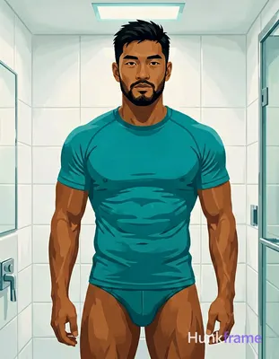 Bold flat-color poster design of an Asian man with short black textured hair and stubble beard stand