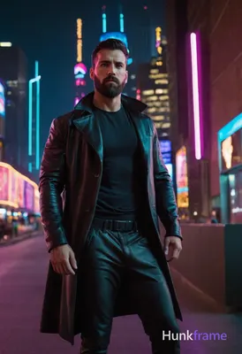 In a neon-lit street, an athletic man with short dark hair and a beard stands in