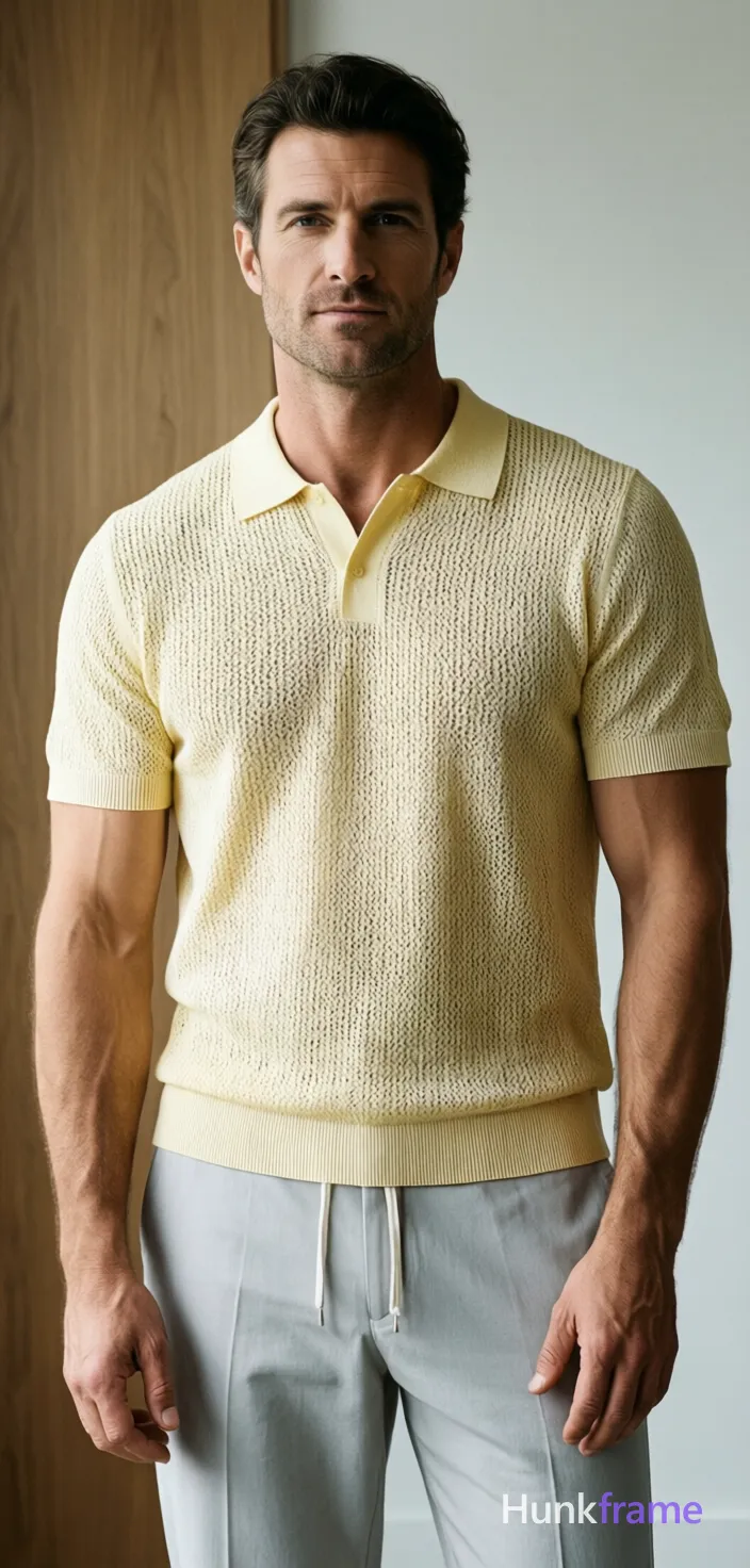 Fashion editorial crop of a handsome adult man standing centered, upper body framed from neck down to mid-thighs; He wears a short-sleeved polo shirt in pale yellow/cream knit fabric with textured open-weave pattern and ribbed collar/cuffs/hem, paired with light grey or off-white drawstring pants where the waistband is visible; His right arm is slightly raised with elbow bent while his left arm rests relaxed at his side; The setting features an indoor neutral background with a light-colored wall and wooden paneling to the left; Soft directional lighting from front-right casts subtle shadows on his broad shoulders, defined biceps, and forearms; High-resolution photo focusing intensely on the knit texture of the polo shirt against clean minimalist greys; single clean uninterrupted photograph with a cohesive editorial composition and plain continuous surrounding surfaces