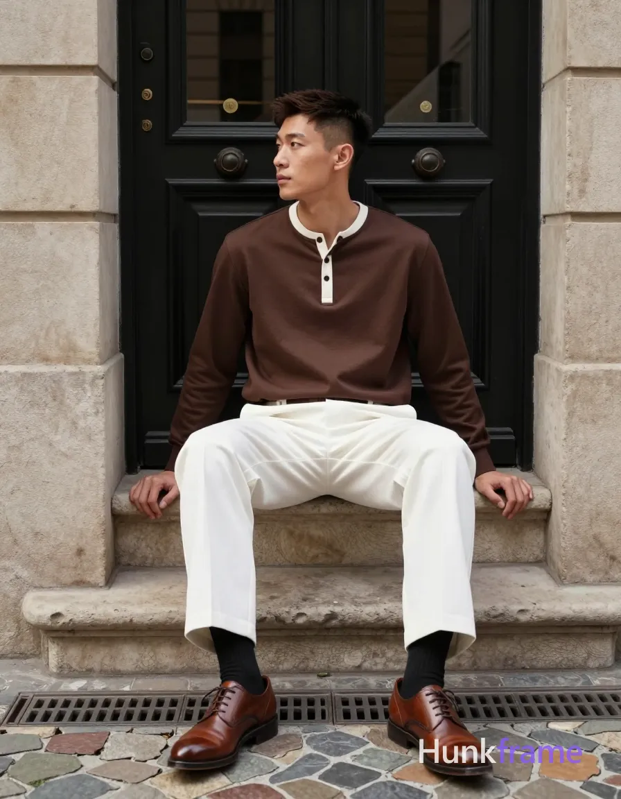 Asian man with light-medium skin and short dark brown undercut hair sits centered in a vertical portrait, leaning back on an ornate black door step; He wears long-sleeved brown henley shirt with white trim at collar and placket buttons, white wide-leg trousers, black crew socks, and brown leather lace-up dress shoes; Left hand rests flat beside him on the stone; right arm relaxed along thigh; Seated in front of light-colored stone walls and cobblestone ground with metal drainage grates under natural daylight; Fine-art photography style with dramatic lighting casting soft shadows, sculpted pose, urban chic mood, premium fashion editorial aesthetic; single clean uninterrupted photograph with a cohesive editorial composition and plain continuous surrounding surfaces